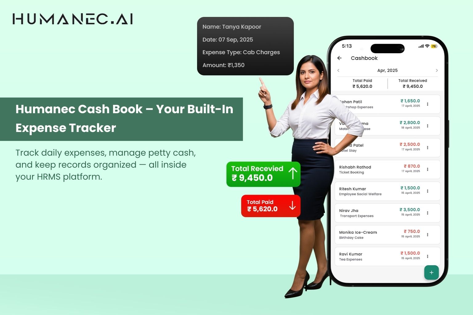 Humanec.ai Cash Book – Built-In Expense Tracker for Managing Daily Expenses